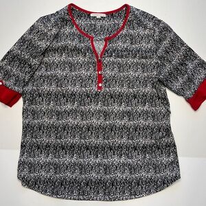 Notations Ladies Black/White SZ L Blouse Red Accent Red Trim Tab Sleeves